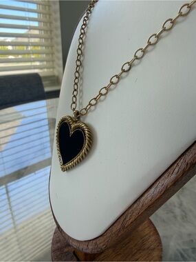 Gold-Tone Heart Pendant Necklace with Cream Enamel and Black